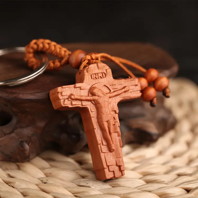 Wood Keychain Jesus Christian Cross Crucifix Key Rings Handmade Mahogany Braided Cord Men Cross Keyring Wooden