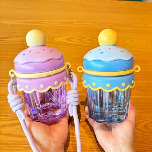 HECION Nouvelle gourde en plastique de grande capacité, forme de dessin animé mignonne, avec paille, bouteille d'eau portable pour enfants, sangle, 450 ml - Product Image 2