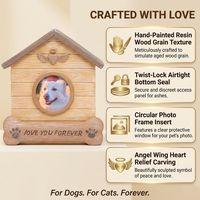 Urne funéraire moderne en forme de maison pour animaux de compagnie avec cadre photo pour chiens et chats, boîte à souvenirs en résine faite à la main avec ailes d'ange, finition grain de bois