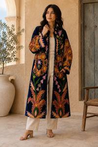 Bohemian Embroidered Organza Maxi Floral Print A-Line <b>Coat</b> V-neck Fitted Full Sleeve Natural Waist Handmade Autumn Women's - Product Image 2