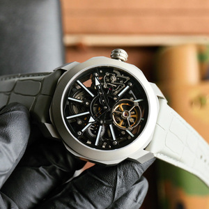 Luxury <b>Custom</b> Skeleton Tourbillon <b>Watch</b> for Men Grey Leather Strap Titanium Case Mechanical Wristwatch Wholesale - Product Image 4