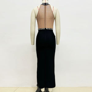 Nuevo negro Puff manga elegante cristal señoras vestido largo sin espalda arco vendaje fiesta Club vestido - Product Image 1