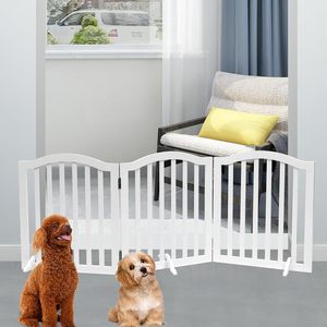 Barrière pour chien en bois moderne rétractable à dessus arqué avec fermeture à <span class=keywords><strong>bouton</strong></span> pour chiens et chats - Séparateur de pièce pliable autoportant - Product Image 2