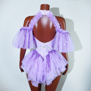 Lavender Glow Coachella 2026 Body con diseño de jaula de pedrería y falda de tul con volantes en capas, ropa de escenario para estrellas del pop y carnaval, venta al por mayor - Product Image 3
