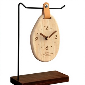 Minimalist Oval <b>Wooden</b> Desk Clock with Leather Strap and Black Metal Stand - Product Image 1