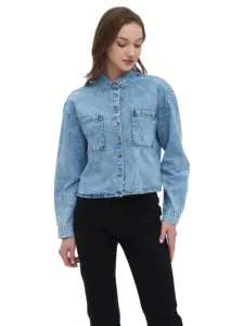 Bufa Custom Blue Solid Color Youth Shirt Washed Long Sleeve Denim Washed Denim Pocket Casual Women Shirt Jeans Shirts For Ladies