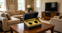 Boîte cadeau carrée à deux compartiments en carton rigide noir avec insert en papier doré, design haut de gamme écologique, finition mate