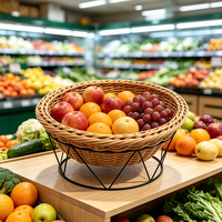Keranjang anyaman PP bundar, dapat disiram, buatan tangan, dengan rangka besi, tahan air, aman untuk makanan, untuk menyimpan buah, roti, pajangan supermarket.