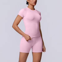 Pakaian Yoga 2 Potong Eropa Amerika Tanpa Jahitan Warna Solid Bernapas Ketat Elastis Tinggi Spandex/Nilon Anti Kusut