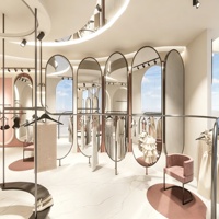Aménagement intérieur de magasin de vêtements, personnalisation complète de la pièce, présentoirs pour magasin de vêtements, étagères de présentation de vêtements, décoration