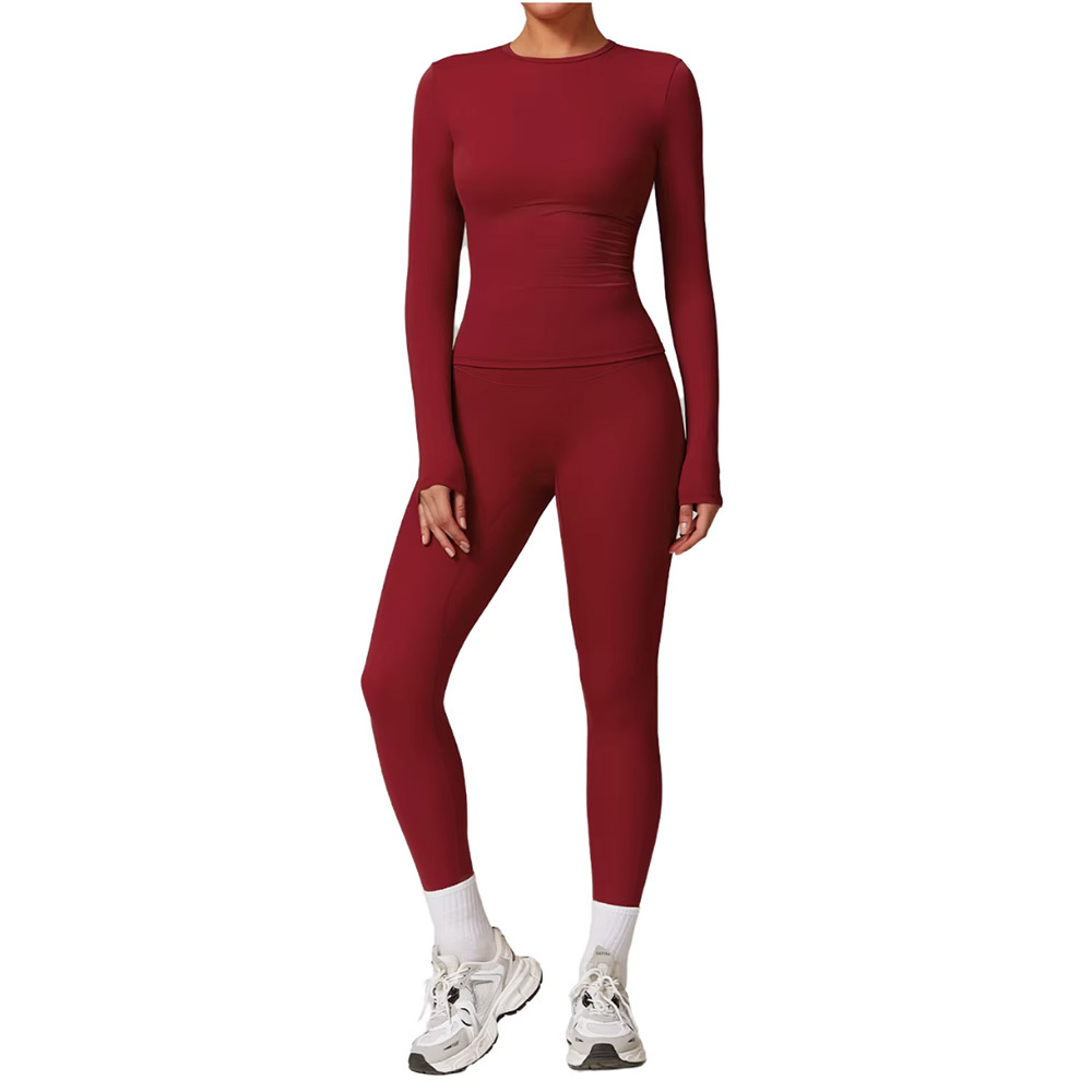 Fashion Slim-fit Seamless Pullover Naked Feel Skin-friendly Long Sleeve Top Cuffed Quick-dry Solid Fitness Yoga Pants 2-Piece