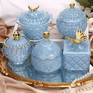 Round Embossed Kitchen Storage Glass Canister Crystal Jewelry Candy Jars Candy Container Bowl With Bird Lid