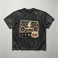 T-shirt noir délavé à l'acide avec motif Route 66 Boombox, en coton épais, effet usé, style streetwear vintage pour homme