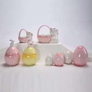 Primavera pasqua decorazione Desktop per la casa coniglietto in ceramica coniglio che tiene cesto uova di coniglietto figurina
