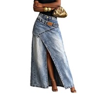 Jupe longue en jean tendance taille haute délavée avec empiècements superposés et fente latérale pour les marques de mode streetwear et les grossistes