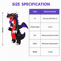 Costume de dragon gonflable avec ventilateur, tenue de dragon noir et rouge gonflable pour adulte avec ailes violettes, pointes dorsales et griffes blanches pour événements