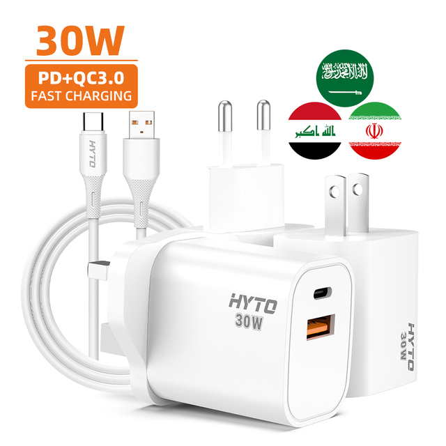 30W PD QC3.0 USB Type C Dual Port Fast Wall Charger Portable Mobile Phone Adapter for iPhone 16 Cable De Datos Del Cargador