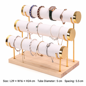 Présentoir à bijoux 3 niveaux démontable écologique en bois avec base en métal doré et tubes en velours avec crochets latéraux – Offre Spéciale - Product Image 1