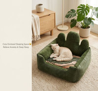 Canapé-lit pour animaux de compagnie en velours côtelé vert foncé, housse amovible, antidérapant, dossier en forme de cactus, pour chiens et chats, lavable, respirant, uni