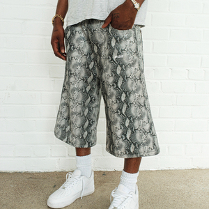 Jean Snake Skin Pattern Custom Denim Digital Print Fashion Design Wide Leg Baggy <b>3</b>/<b>4</b> <b>Shorts</b> Jean <b>3</b>/<b>4</b> <b>Shorts</b> For Men High Quality - Product Image 3