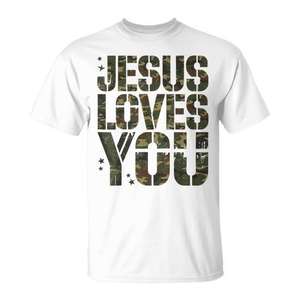 Camiseta con estampado de camuflaje, Jesús te ama, versículo bíblico cristiano, para hombres y mujeres, unisex - Product Image 1
