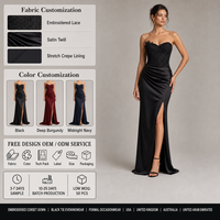 Robe de soirée sirène noire sans bretelles en dentelle brodée, corset froncé en satin, fente haute, dos nu, pour femme
