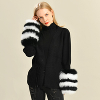 Vente en gros de cardigan tricoté en laine à manches longues, poignets en fourrure véritable, pull d'automne personnalisé, cardigan tricoté décontracté pour femme avec fourrure