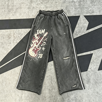 Pantalon gris délavé style vintage, coupe ample, effet usé, streetwear, avec motif guitare JAM 78, pour homme et unisexe, vente en gros