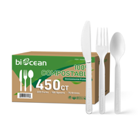 Kit de 450 pièces de couverts jetables résistants à la chaleur en PLA blanc compostable, couteau, fourchette, cuillère, service de restauration rapide à emporter, emballage vert