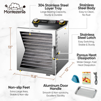 10-bakjes ruimtebesparende voedseldroger 450W 0-24 uur timer 30-90°C SUS304 food grade bakjes 8kg voor vlees fruit groenten voedseldehydrator