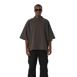 Streetwear Print Logo Men Boxy Tee No Seam Shirts 100% Cotton Extended Collar Oversized Mens Casual Tshirt Custom T Shirt