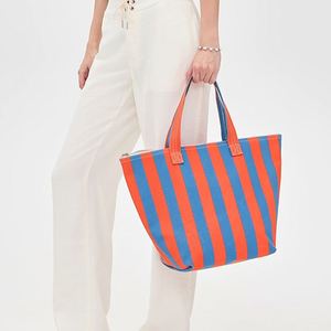 Sac fourre-tout en toile imperméable avec fermeture éclair, broderie de logo personnalisé, grand format, durable, rayé, en coton, pour femmes, printemps-été - Product Image 1