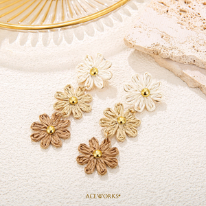 Raffia Daisy Drop Earrings | Stainless Steel 18K PVD Gold Plated Boho <b>Braided</b> Tiered Flower Design Zircon | Waterproof Tarnish - Product Image 5