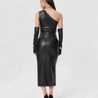 Robe moulante asymétrique sexy en similicuir PU pour femme avec gants, style club et fronces