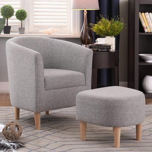 Mid Century Modern Upholstered Club Tub Round <strong>Chair</strong> Grey <strong>Barrel</strong> Comfy Fabric Arm Accent <strong>Chair</strong> with <strong>Ottoman</strong> Footrest <strong>Set</strong> of 2 - Product Image 2