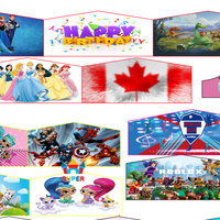 Bannières personnalisées sur divers thèmes de personnages de dessins animés, pour châteaux gonflables et promotions publicitaires en structures gonflables.