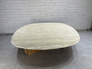 Table basse de salon au design minimaliste, prix de gros, base en bois massif, plateau en marbre naturel beige travertin - Product Image 4