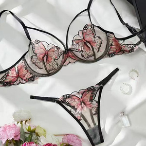 Syiyunran Bragas De Encaje Las Mujeres Baja Altura - Negro Conjunto 3 Piezas, Mariposa Elemento Hipster Tanga, Lencería Suave Para Mujeres, Hasta Triángulo Escote Bordado Braguitas Correa De Cuerd
