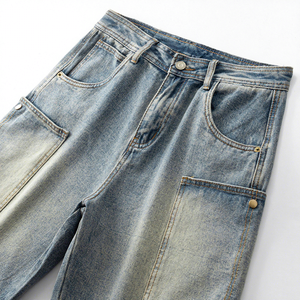 Jeans de mezclilla de moda de alta calidad para hombre, azules, personalizados, de cintura media, desgastados, de diseñador, vintage, holgados, cortos, de punto - Product Image 1