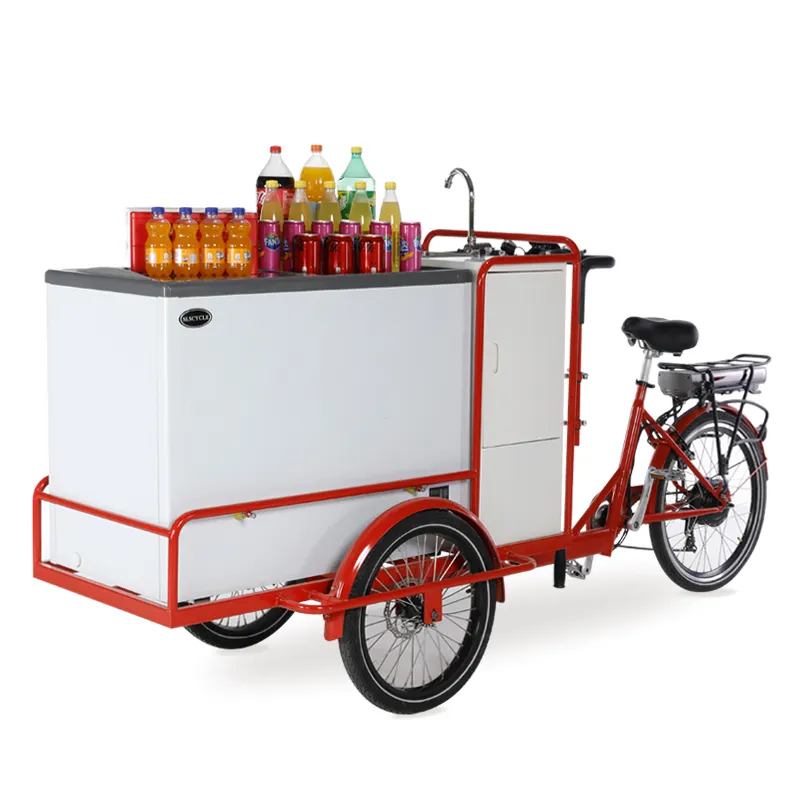 Mobiele Snack Voedsel Vending Winkelwagen Driewieler Elektrische Dc Vriezer Functionele Ijs Bike Vriezer Driewieler Street Food Cartbike