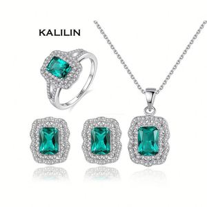 Pendientes Clásicos de Lujo de Plata 925 con Circonita Corte Esmeralda, Set de Joyería para Regalo de Boda para Mujer, Engaste de Garra - Product Image 2