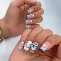 Faux ongles à presser pour femmes, rose nude, carrés, bleu ciel, motif cœur français, motif ours, style Kawaii pour fille douce