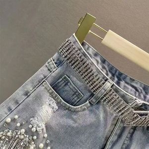 Shorts de mezclilla para mujer de alta calidad, cintura alta, con pedrería, rasgados, de verano, ajustados, con borlas y detalles desgastados, estilo retro. - Product Image 2