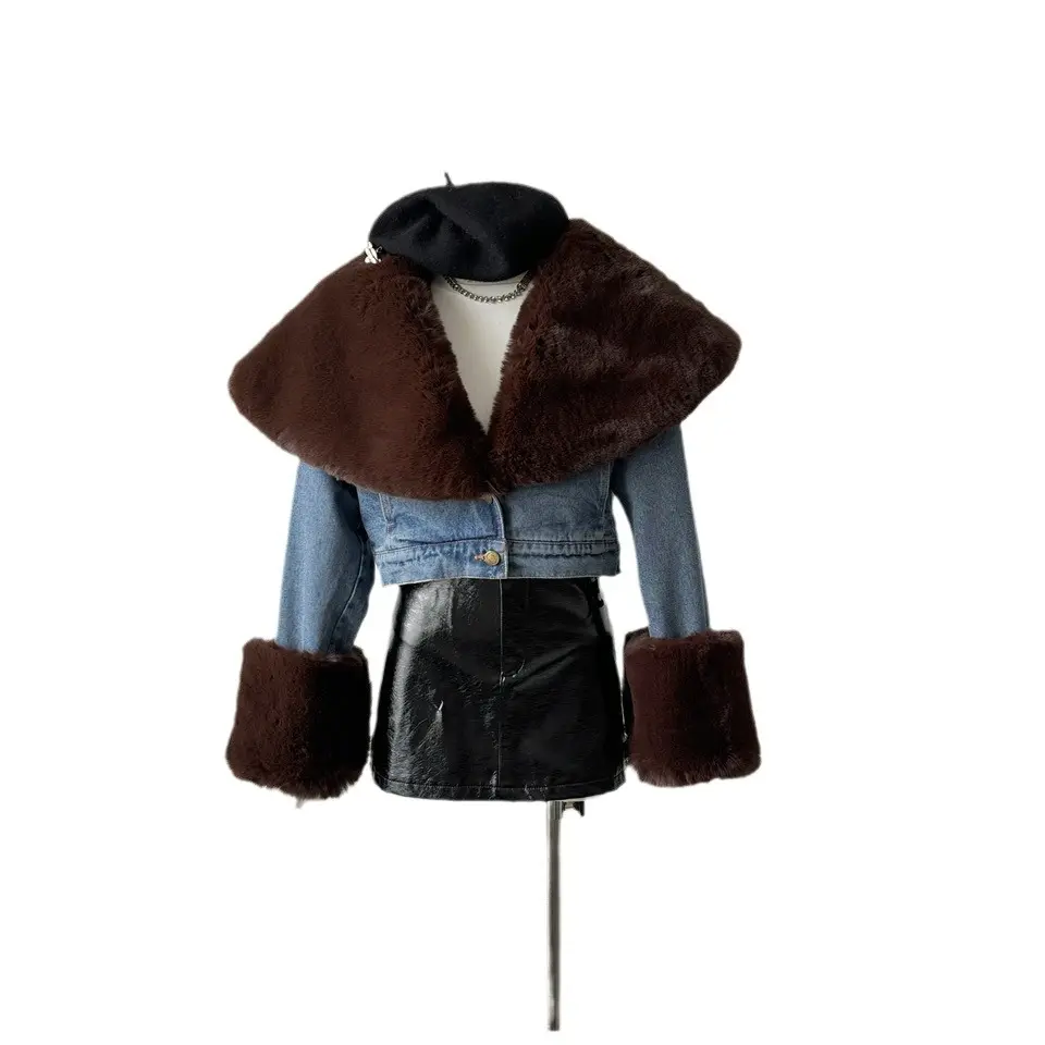 Cropped Winter Nieuwe Big Fox Bont Kraag Jas Bont Manchet Lange Mouw Plus Size Katoenen Stijl Denim Jas