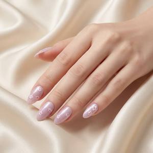 Faux ongles à presser en amande rose clair floral, peints à la main, vente en gros, étiquette privée personnalisée Kimbely Nail - Product Image 1