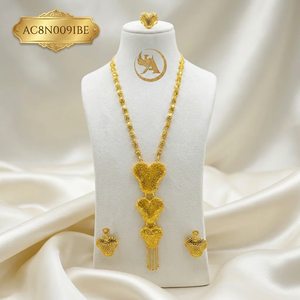 Textured Heart Design Gold Plated Statement Jewelry Set for Wedding Long Box Chain Necklace for Weddings - Product Image 1