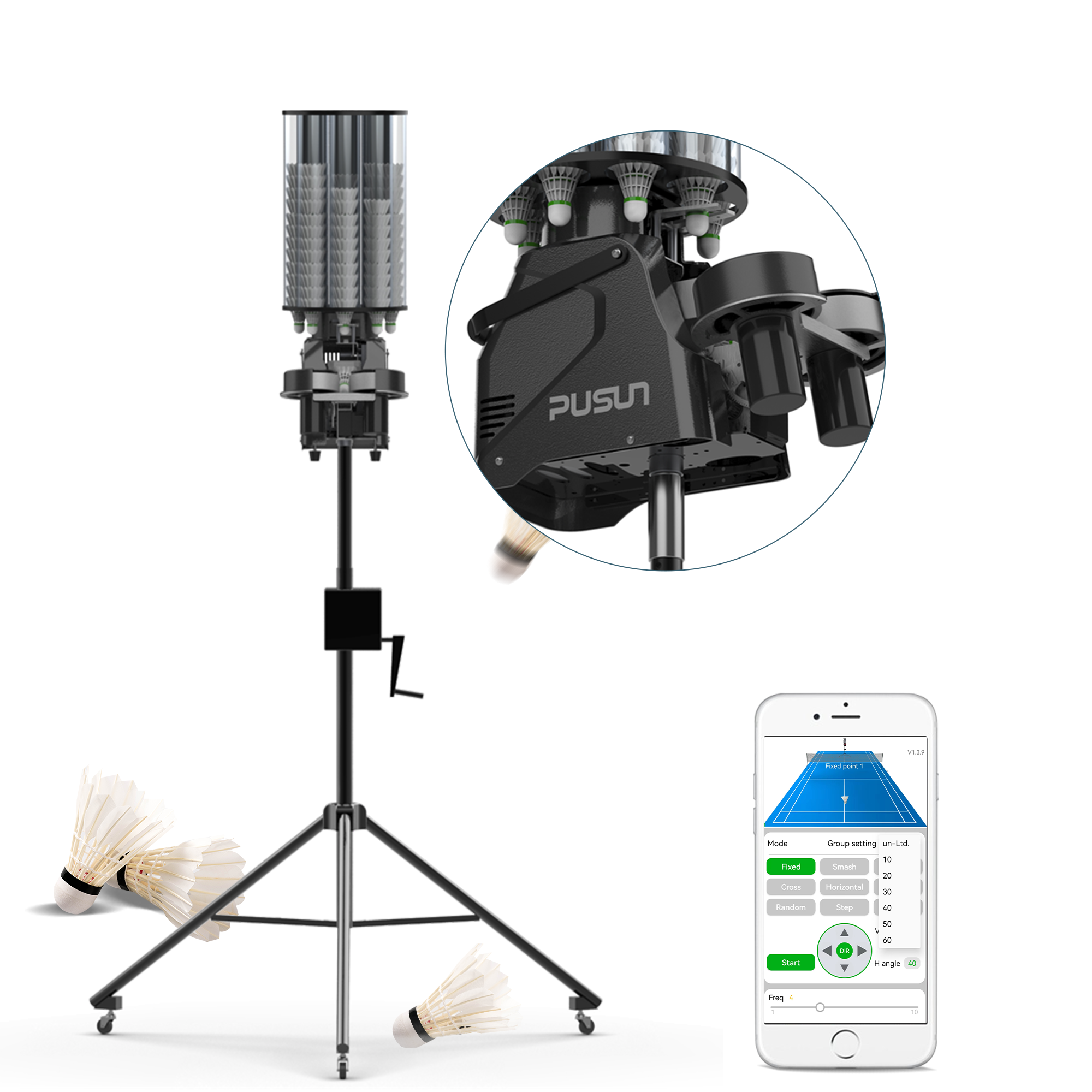 Modern Auto Badminton Ball Machine Launcher Equipment Feeder for Training Practice with APP Remote Control Convenient