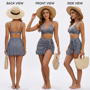 Ensemble bikini gingham pour femme, maillot de bain taille haute, haut court à col en V profond, maillot de bain à jupe, tenue de plage 2 pièces - Product Image 5