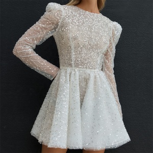 RUOLAI SW012 Luxury a Line abiti da sposa corti a manica lunga O scollo <span class=keywords><strong>con</strong></span> paillettes da donna abiti da ballo da sposa larghi - Product Image 3