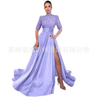 S0530R Nouveau Design Tempérament Mince Banquet Nouveau Style Demi Manches Formelle Paillettes A-ligne Satin Longue Fente Robe De Soirée